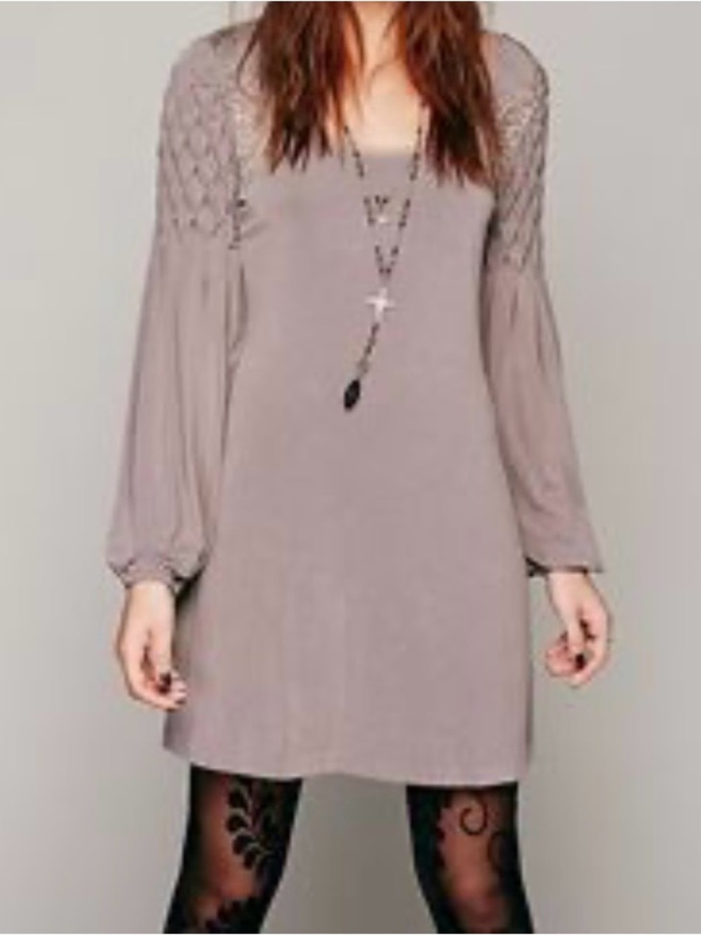 Free People Mauvy Taupe Lace Mini Dress, Long Bell Sleeves, S